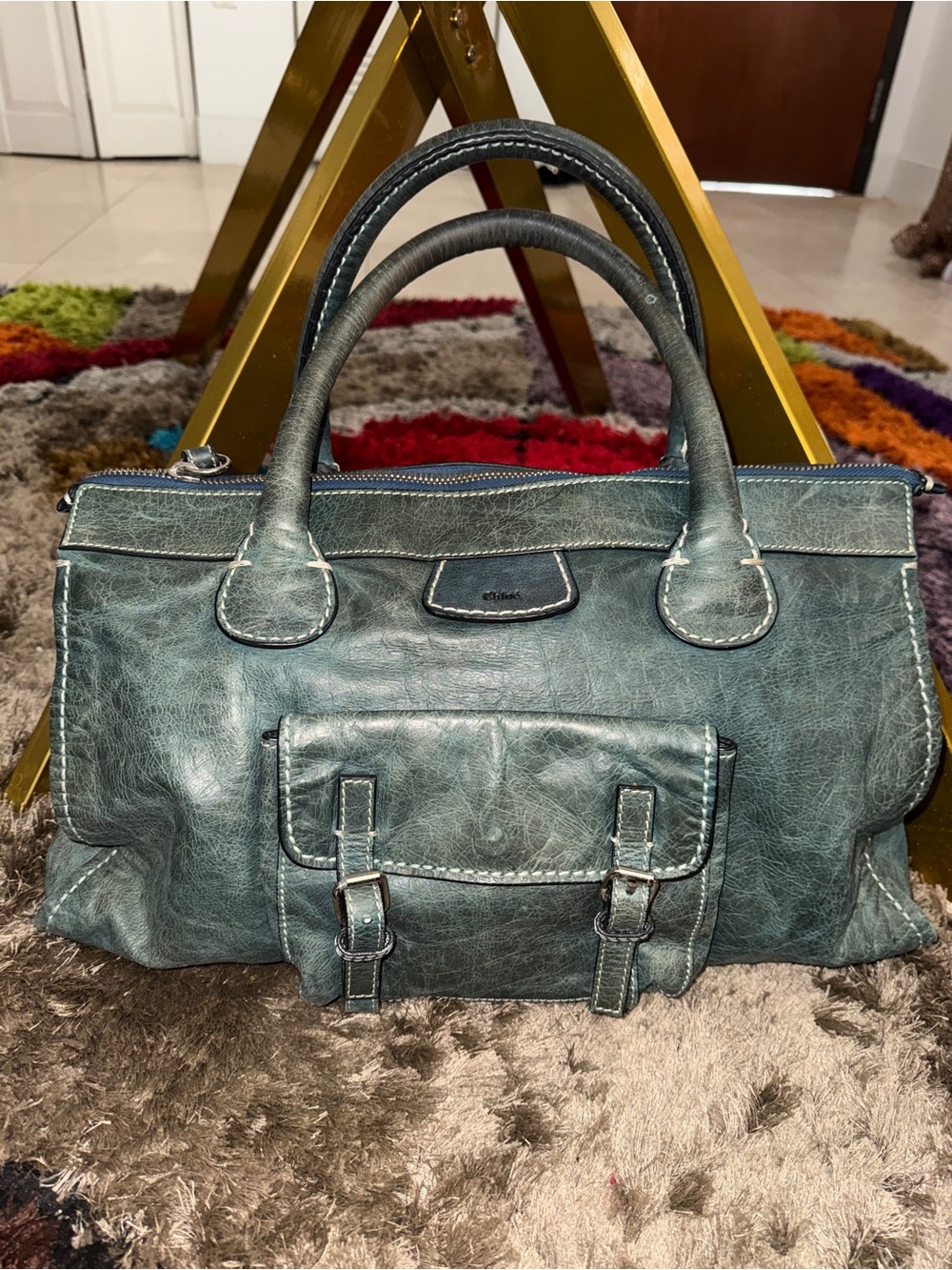 Chloe Black Leather Edith Tote with Contrast Stitching - Picture 2 of 12